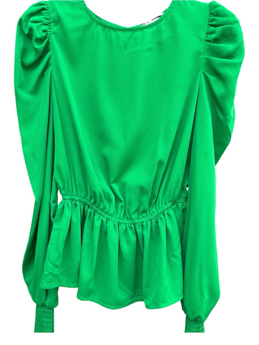 A. Calin by Flying Tomato Women's Green Puff-Sleeve Tie Waist Peplum Blouse S